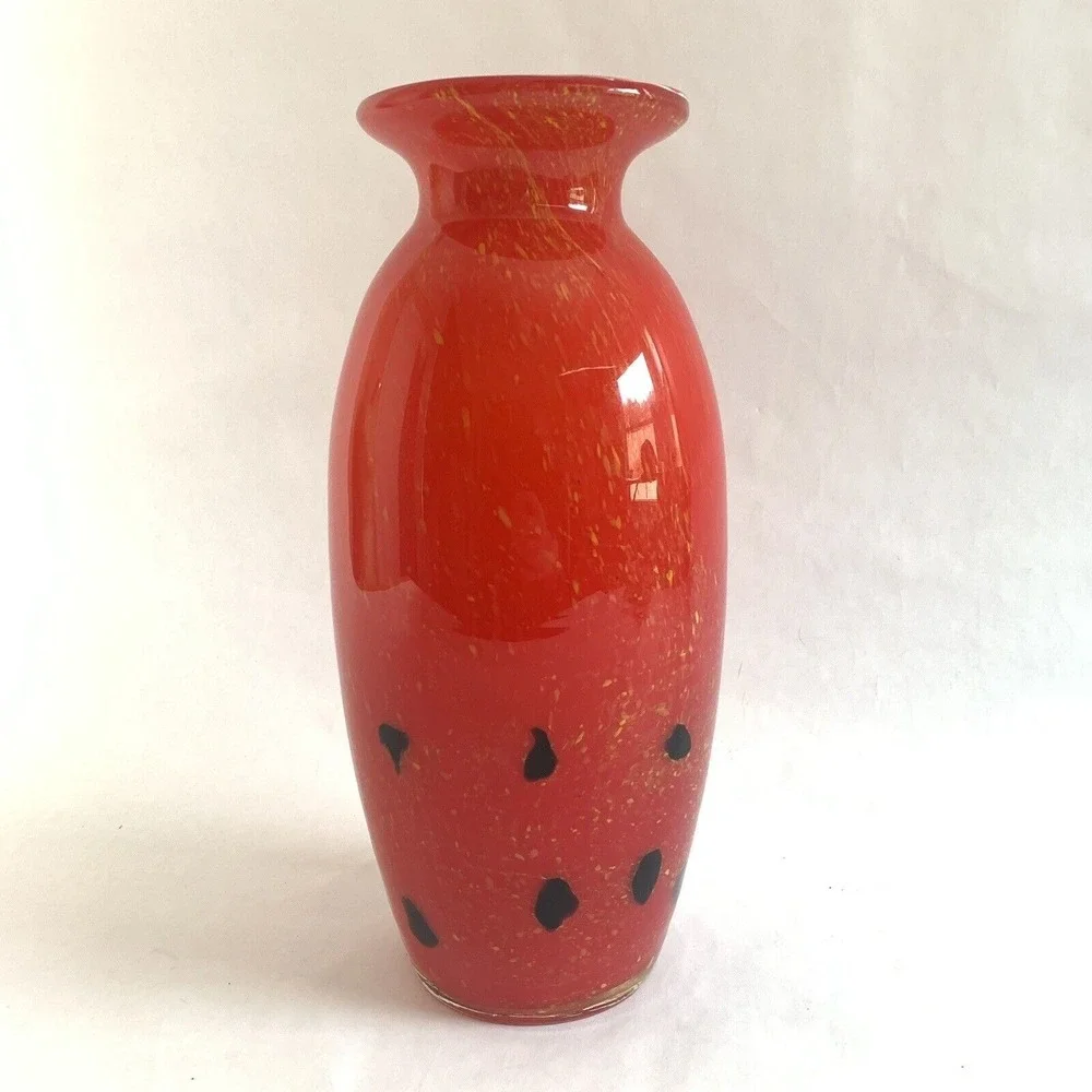 Large Glass Vase Red Gold Fleck Handmade Holiday Christmas Decor Gift Modern
